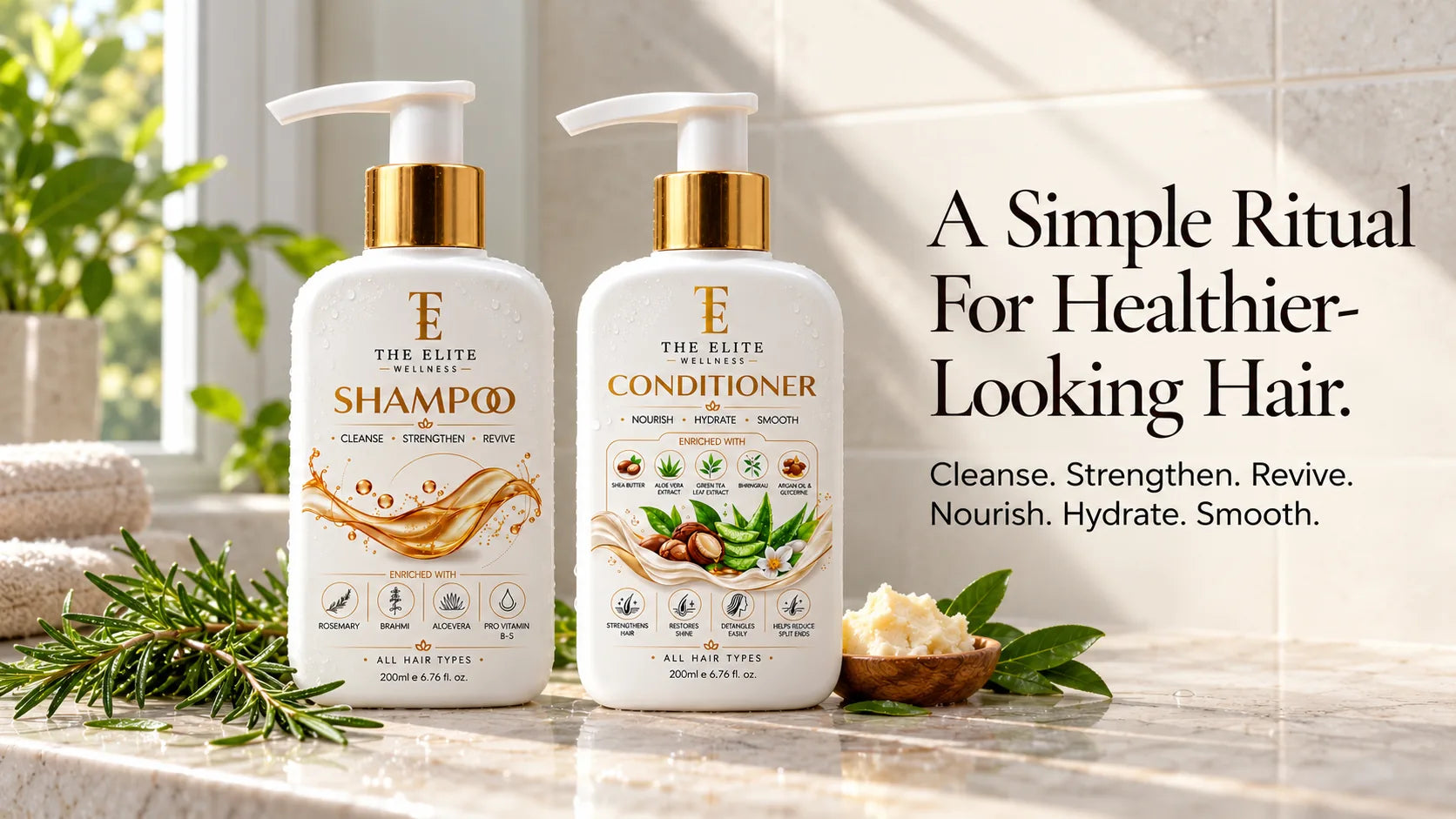 A Simple Ritual For Healthier-Looking Hair. Cleanse. Strengthen. Revive. Nourish. Hydrate. Smooth. The Elite Wellness Shampoo and Conditioner with rosemary and shea butter.