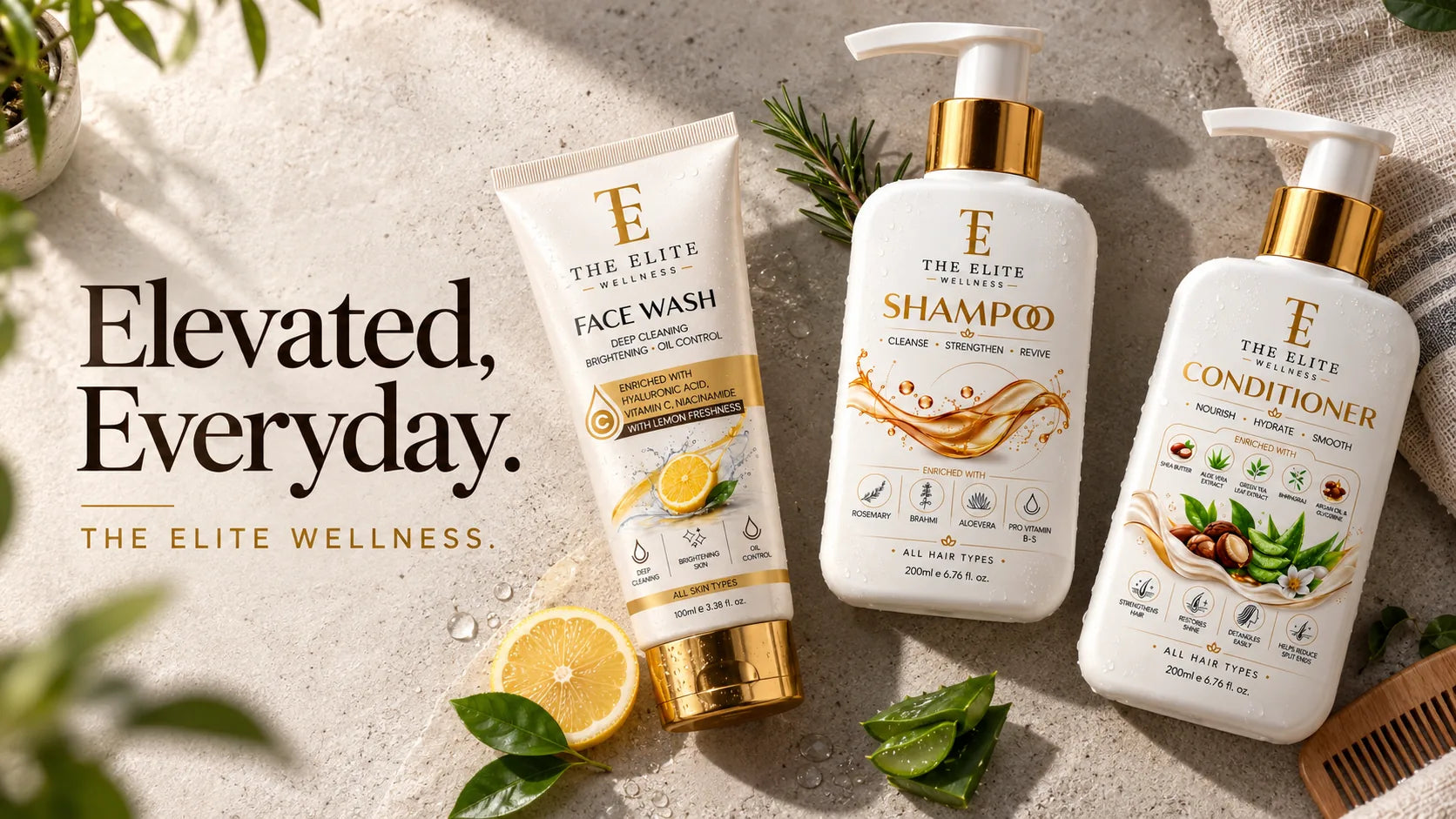 Elevated, Everyday. The Elite Wellness. The Elite Wellness Face Wash, Shampoo and Conditioner on concrete.