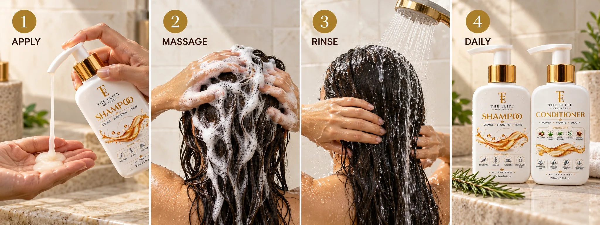 Apply, Massage, Rinse, Daily: The Elite Wellness Shampoo poured into a palm, lather massaged into the scalp, hair rinsed under a shower, and The Elite Wellness Shampoo and Conditioner side by side.