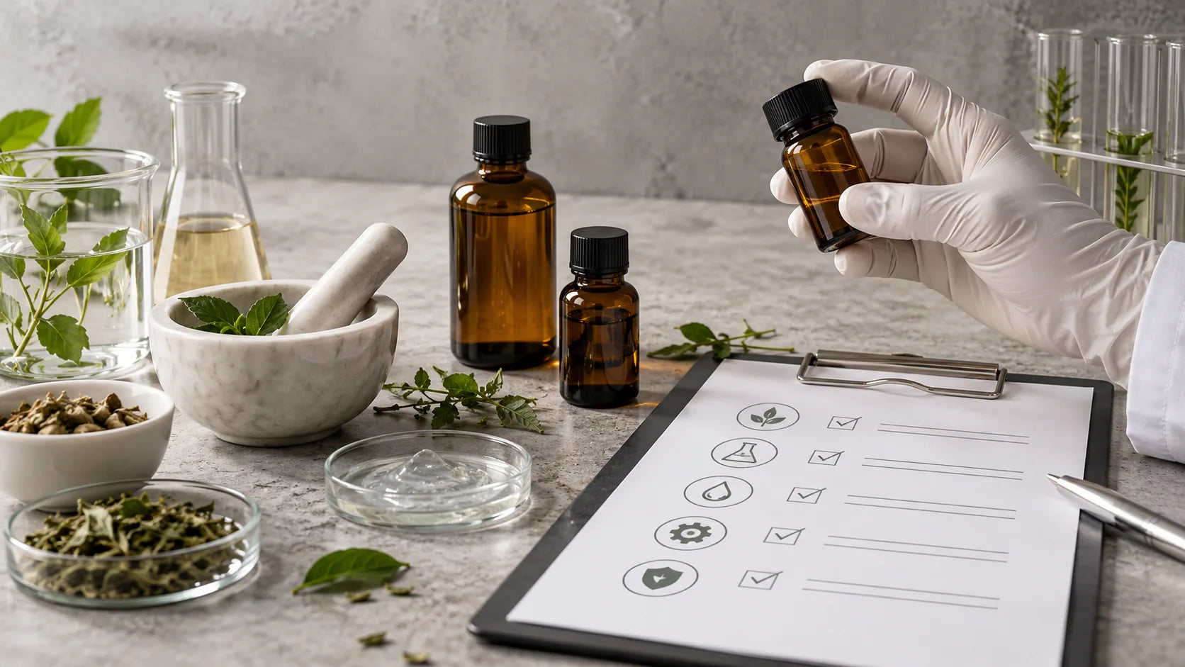 Gloved hand holding an amber bottle beside botanicals, a mortar and a quality checklist on a stone bench.