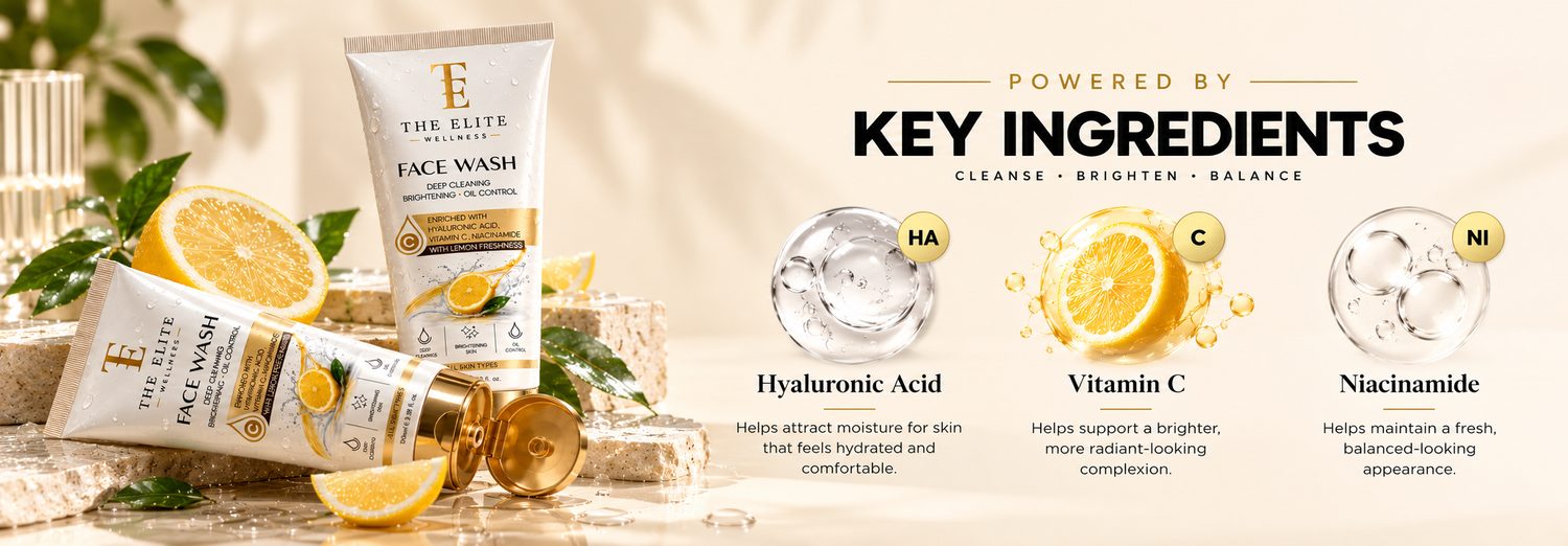 The Elite Wellness Face Wash, powered by key ingredients: Hyaluronic Acid helps attract moisture for skin that feels hydrated and comfortable; Vitamin C helps support a brighter, more radiant-looking complexion; Niacinamide helps maintain a fresh, balanced-looking appearance.