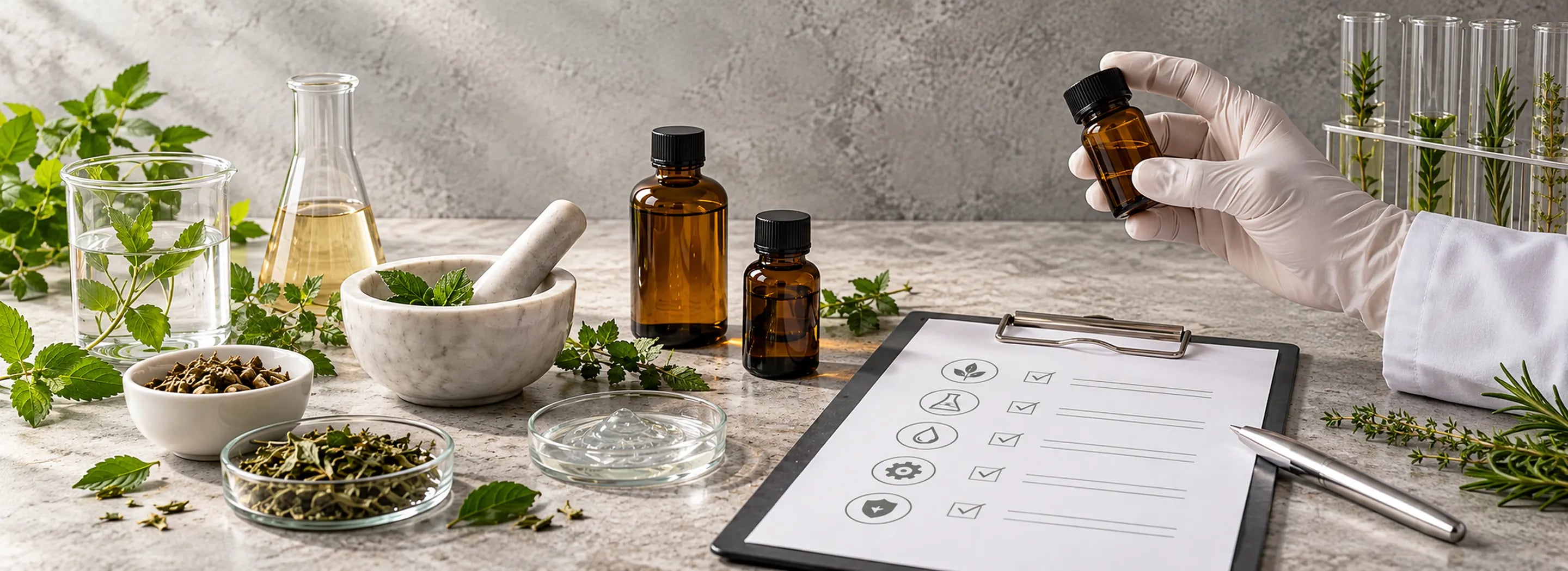 A gloved hand holds an amber dropper bottle over a lab bench with herbs, a marble mortar and pestle, glass beakers and a quality checklist on a clipboard.