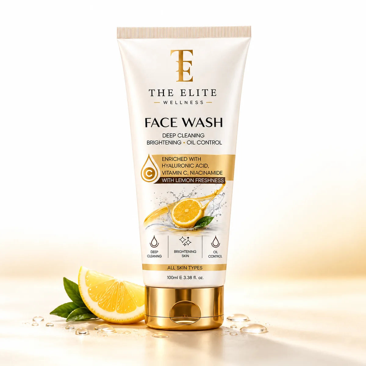 The Elite Wellness Face Wash tube with a lemon slice on a warm, sunlit surface