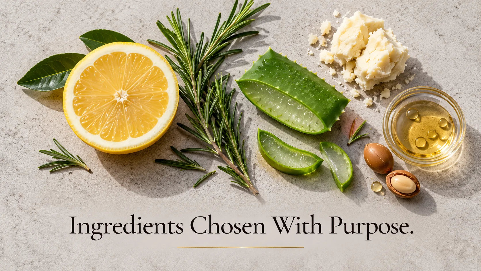 Ingredients Chosen With Purpose. A flat lay of lemon, rosemary, aloe vera, shea butter, argan nuts and a dish of oil.