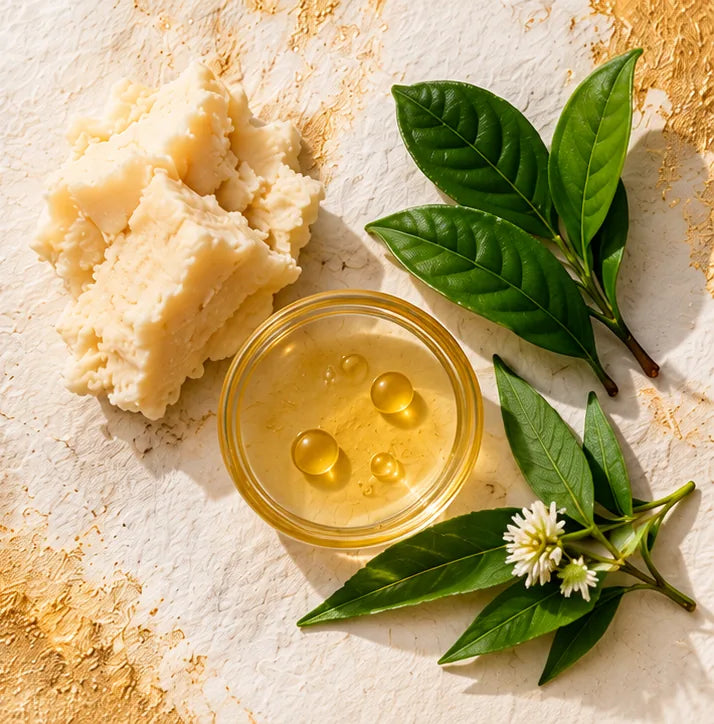 Shea butter, a dish of argan oil and green leaves with small white flowers