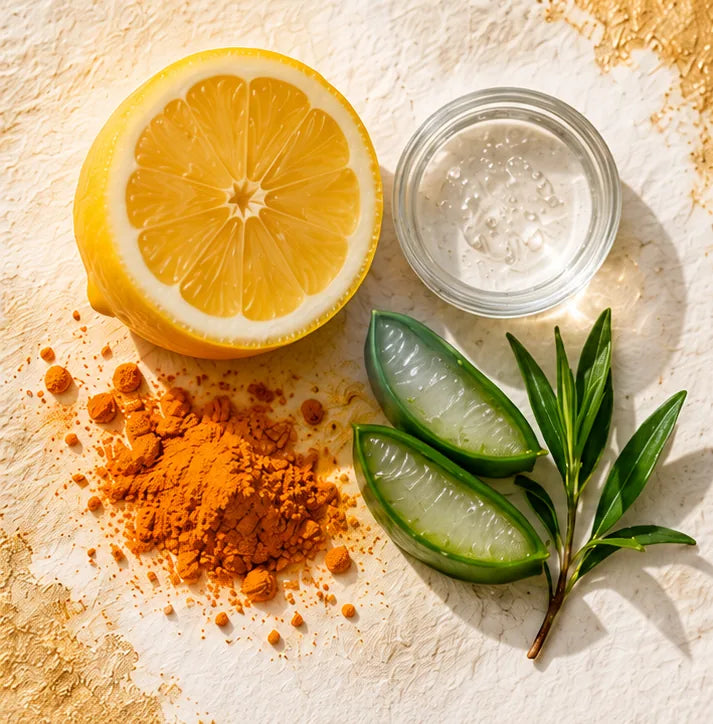 Halved lemon, a dish of clear gel, turmeric powder, aloe vera slices and leaves