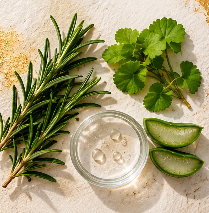 Rosemary sprigs, brahmi leaves, a dish of clear gel and aloe vera slices