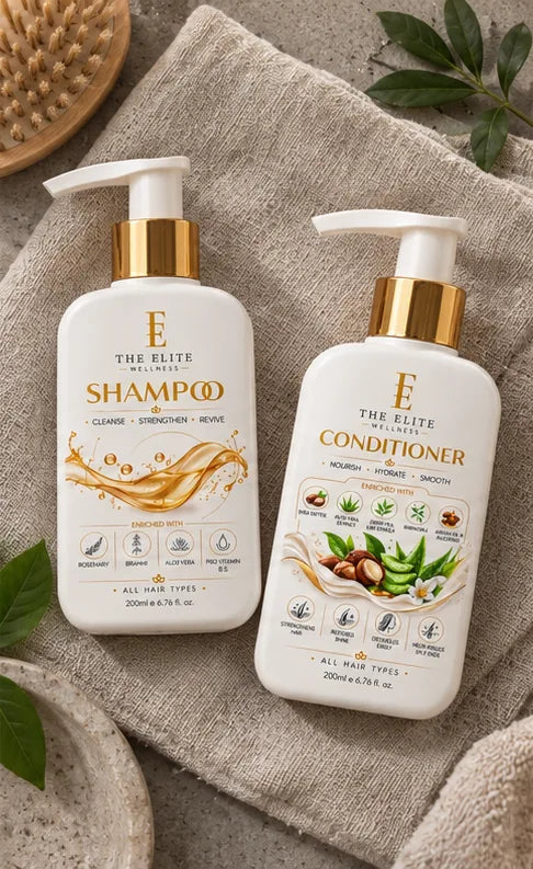 The Elite Wellness Shampoo and Conditioner on a linen towel