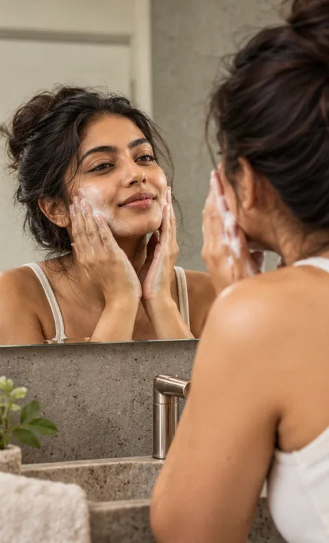 Woman washing her face at a concrete basin