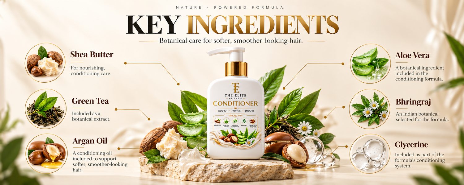 The Elite Wellness Conditioner key ingredients for softer, smoother-looking hair: Shea Butter for nourishing, conditioning care; Aloe Vera; Green Tea; Bhringraj, an Indian botanical; Argan Oil, a conditioning oil for softer, smoother-looking hair; and Glycerine.